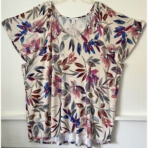 Spense Blouse Women’s 3X Pink Blue Multicolor Tropical Leaf Print Short Sleeve